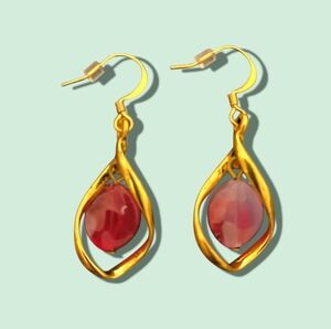 Glass bead lanton earrings in red and gold tone